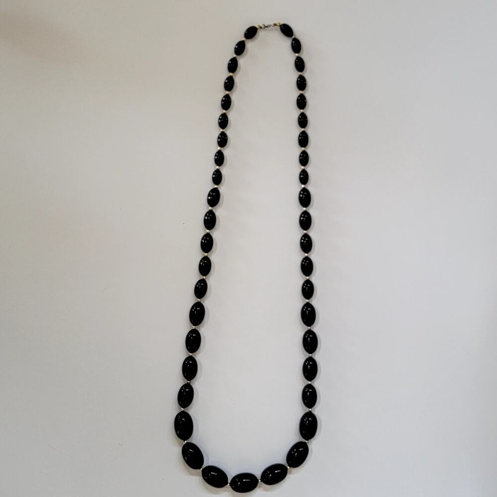 Retro Vintage Black Oval Bead Necklace with Gold Spacers Bold Statement Style